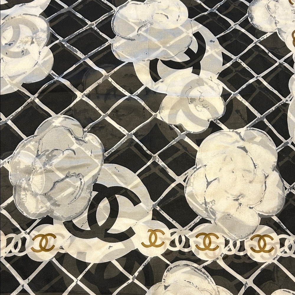 CHANEL Black and White Camellia Flowers Floral Pattern Scarf